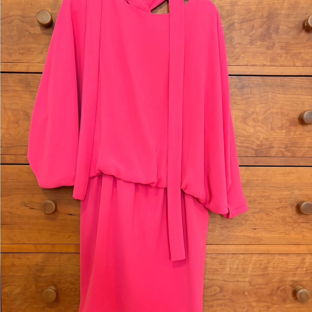 Trina Turk Hot Pink Long Sleeve Tie-Neck Dress